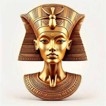 Antique retro gold mask of egyptian queen nefertiti isolated on white closeup, ancient element of egyptian pyramids