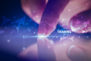 Finger touching tablet with business connection concept