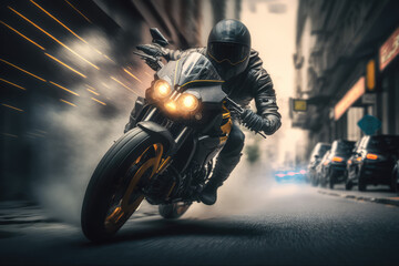 Superbike motorcycle in the city streets, dynamic concept art illustration, high speed, generative ai
