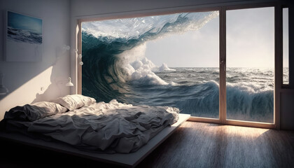 a surreal bedroom melting seamlessly into the vast ocean