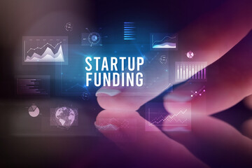 Finger touching tablet with business graphs and icons concept