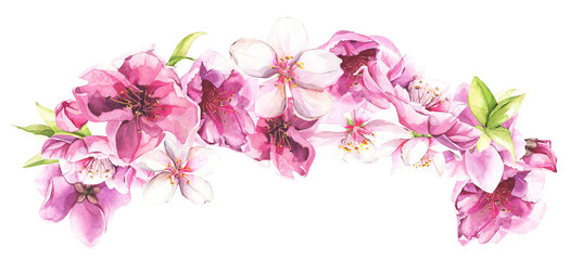 Fototapeta na wymiar Bouquet with pink and white cherry blossoms. Watercolor painted floral arrangement. Cut out hand drawn PNG illustration on transparent background. Isolated clipart.