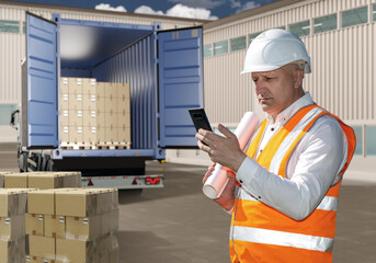 Logistics company specialist. Man with phone controls unloading of car. Guy in orange vest near warehouse hangar. Man works for trucking company. Logistics center specialist man controls shipment