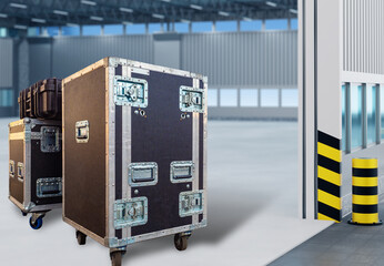Exhibition equipment. Boxes on wheels in empty hangar. Preparation for industrial exhibition concept. Transport boxes for valuable equipment. Boxes with metal elements for equipment storage. 3d image