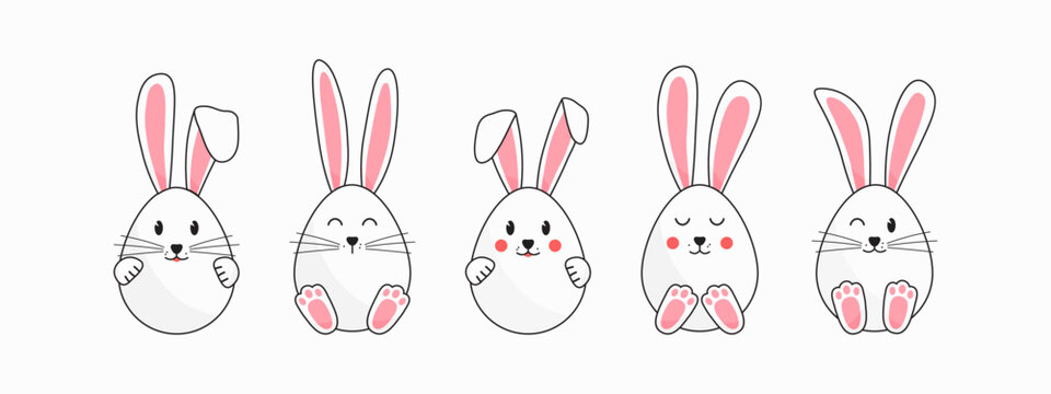 Easter egg with bunny ear and paw. Cute rabbit emoji face icon, cartoon animal character set isolated on white background. Holiday vector illustration