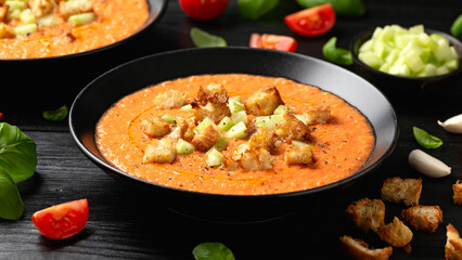 Traditional spanish Gazpacho soup with tomatoes, vegetables and croutons. Healthy summer food