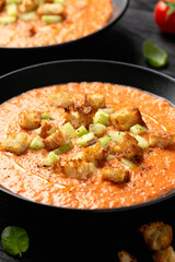 Traditional spanish Gazpacho soup with tomatoes, vegetables and croutons. Healthy summer food