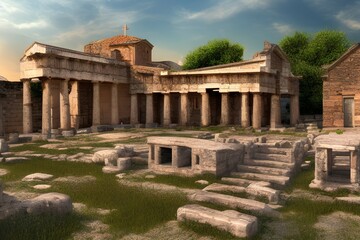 Obraz premium Old Greek Village, Greek Church, Photorealistic View - generative ai