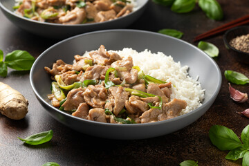 Chinese stir fry pork with ginger sauce, garlic and spring onion. Asian food
