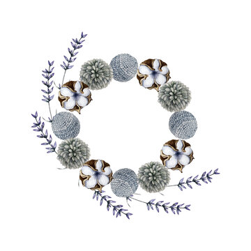 wreath of cotton, lavender, knitted balls