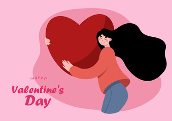 Young woman embraces a big red heart with mindfulness and love. Valentine day concept poster