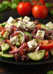 Greek salad with fresh vegetables, feta cheese, kalamata olives, dried oregano, red wine vinegar and olive oil. Healthy food.