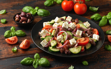 Greek salad with fresh vegetables, feta cheese, kalamata olives, dried oregano, red wine vinegar and olive oil. Healthy food.
