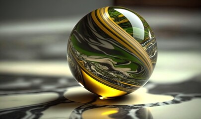  a glass ball sitting on top of a marble table top.  generative ai
