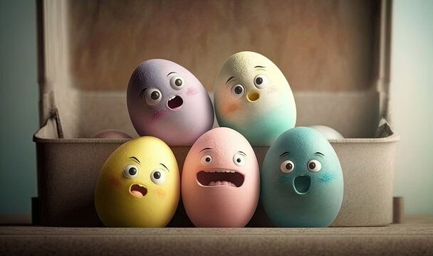  a group of eggs with faces painted on them in a box.  generative ai