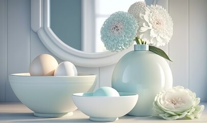 Fototapeta na wymiar a vase with flowers and eggs in it on a table. generative ai