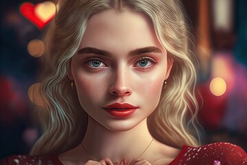 Close up portrait of young girl in love with pretty eyes, curly dark red hair, holding an abstract heart in her hand, facing view. Generative AI