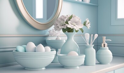 Fototapeta na wymiar a blue bathroom with a vase of flowers and soap dispensers. generative ai