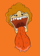 Crazy man with brown hair and big red tongue with blisters cartoon illustration
