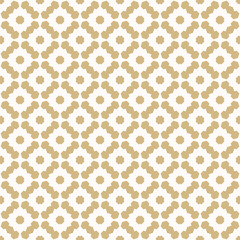 Abstract vector geometric seamless pattern. Golden ornament texture with flower silhouettes, grid, repeat tiles. Gold and white ornamental background. Luxury design for print, wallpaper, decoration