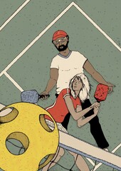 Pickleball game illustration. Two people playing pickleball on the court.  - 573354782