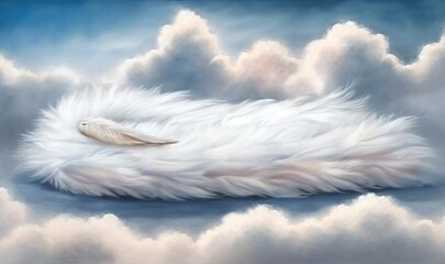  a painting of a white feathered object floating in the clouds.  generative ai