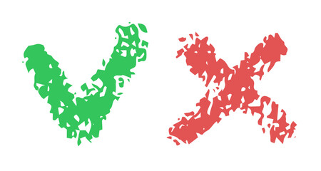 Do and Don't icons. Vector elements, chalk texture. Green check mark and red cross, used to indicate rules of conduct or response versions.