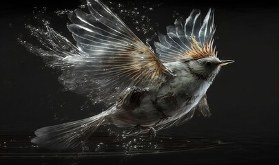  a bird is splashing water on its wings in the dark.  generative ai
