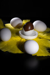 Traditional Finnish cuisine - Nougat chocolate-filled easter eggs laying on top of yellow feathers.