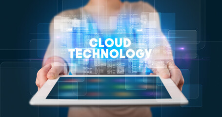 Person holding tablet, technology concept