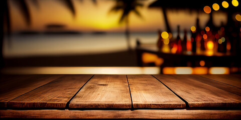 Empty wooden table top product display showcase stage. Tropical summer sunset beach bar background. Generative ai