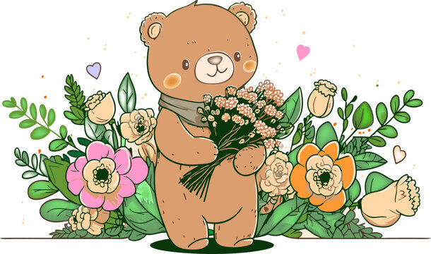 drawing Little bear with a bouquet of flowers1