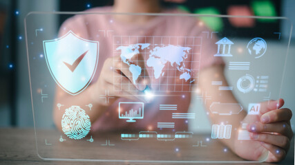 Data scientists. programmers use a laptop to analyze and development at various information on a futuristic virtual interface screen. Algorithm. marketing and deep learning of artificial intelligence