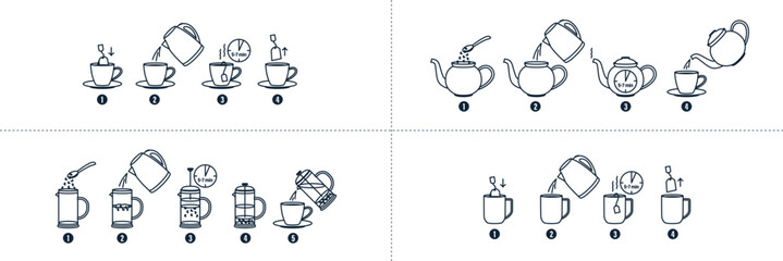 Tea, coffee making, brew process icons. Hot drink brew