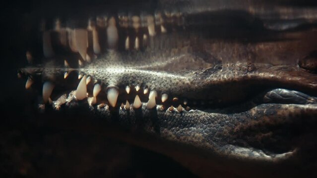 Crocodile teeth underwater close-up. Acute danger in the wild. The aligator is waiting in the river for its prey. Underwater filming.