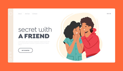 Secret with a Friend Landing Page Template. Children In Hushed Conversation. Two Kids Share Secrets, Intimacy