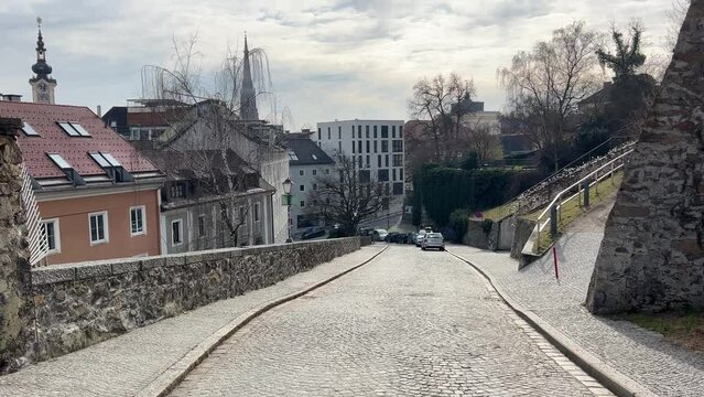 view from Schlossberg to old town of Linz, Austria