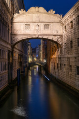 Bridge of Sighs (italian Ponte dei Sospiri) in Venice, illuminated in the night. Italy landmark
