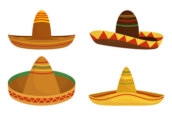 Set Classic And Traditional Sombrero Hats Isolated On White Background, Elements For Mexican Theme Vector Illustration