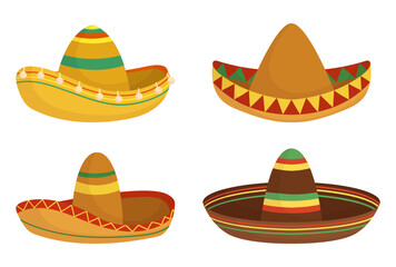 Set Of Bold And Vibrant Sombrero Hats Isolated On White Background, Icons For Mexican Or South American Cultural Theme