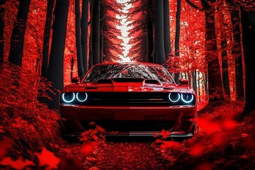 laser red dodge challenger in a Fall forest made by generative ai - obrazy, fototapety, plakaty