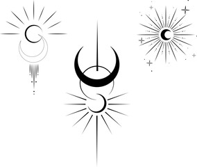 Sun and moon line art logo. Boho ray sun, mystic moon tattoo