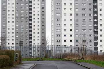 High rise council flats in poor housing estate with many social welfare issues in Maryhill, Glasgow