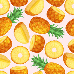 Seamless Pineapple Pattern Featuring Juicy Yellow Fruits On Pink Background. Repeated Ornament For Summer Designs