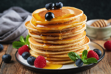 Delicious pancakes, with fresh blueberries, raspberry and maple syrup or honey on a dark background