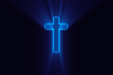 Religioush cross with blue color god rays  shine on the dark  background