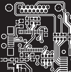 Tracing the conductors of a multilayer 
printed circuit board. Vector drawing of 
printed tracks, transition holes, contact 
pads and metallization areas. 
Electronic circuit board with components