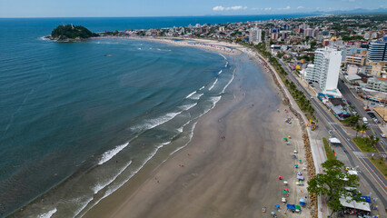 Aerial view of the central beach of the city of Guaratuba in a sunny day on the coast of Paraná, southern region of Brazil