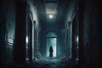 A spooky dark hooded figure walks along an abandoned hallway of a haunted mansion. Generative AI illustration
