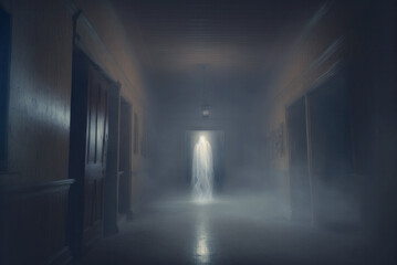 The ghostly apparition appears in an abandoned house in the eerie glow of the supernatural fog. Generative AI illustration